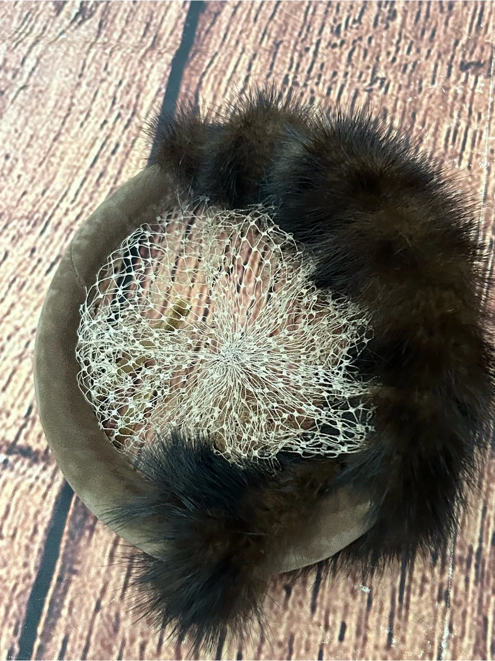 Vintage Mink Fur Pillbox Hat Brown Veil Velvet Bow Whimsy Fascinator 50s 60s